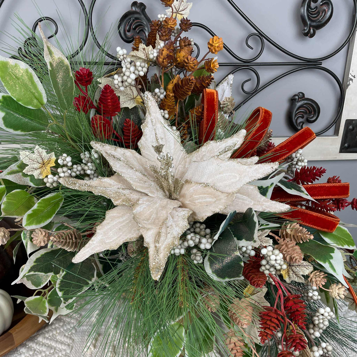 Champagne Poinsettia Christmas Centerpiece in Gold Glass Bowl