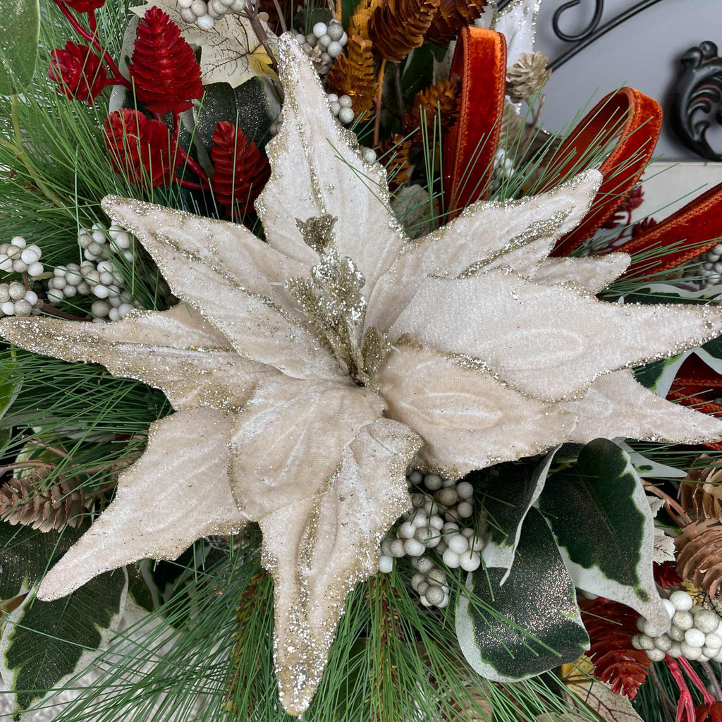 Champagne Poinsettia Christmas Centerpiece in Gold Glass Bowl