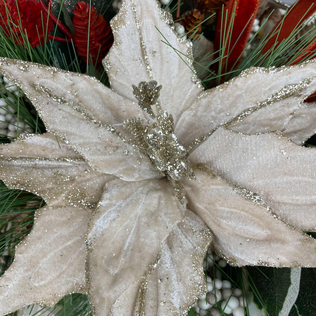 Champagne Poinsettia Christmas Centerpiece in Gold Glass Bowl