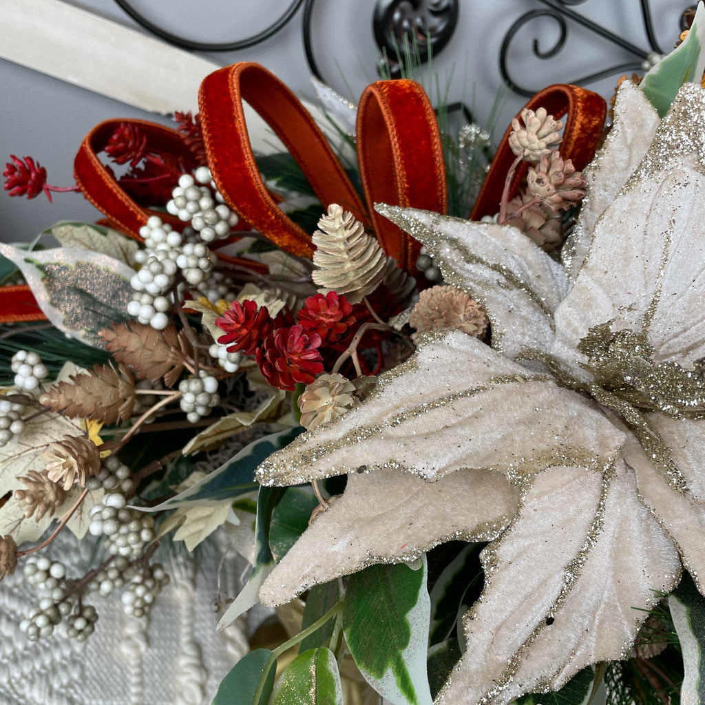 Champagne Poinsettia Christmas Centerpiece in Gold Glass Bowl