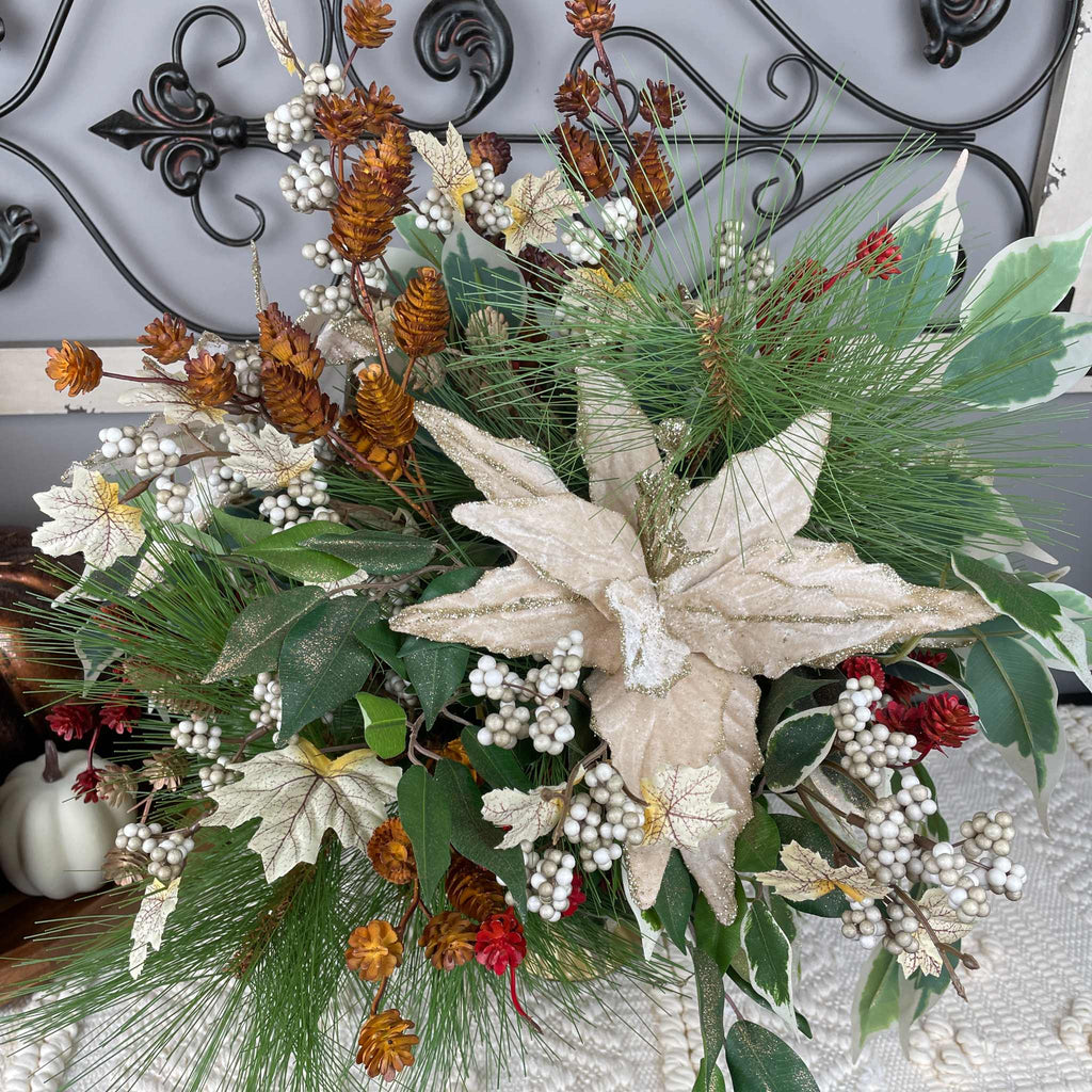 Champagne Poinsettia Christmas Centerpiece in Gold Glass Bowl