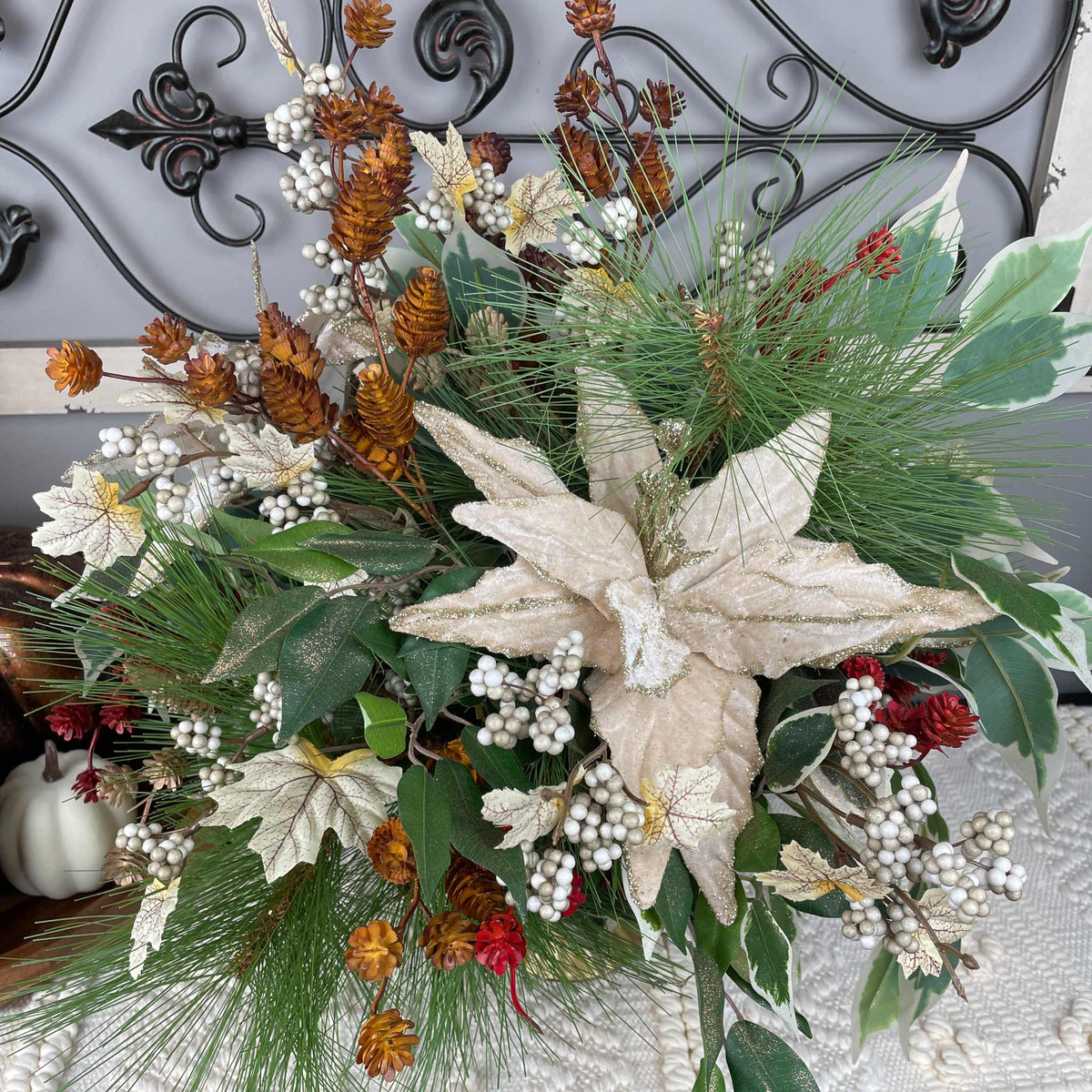 Champagne Poinsettia Christmas Centerpiece in Gold Glass Bowl