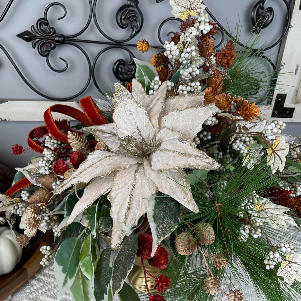 Champagne Poinsettia Christmas Centerpiece in Gold Glass Bowl