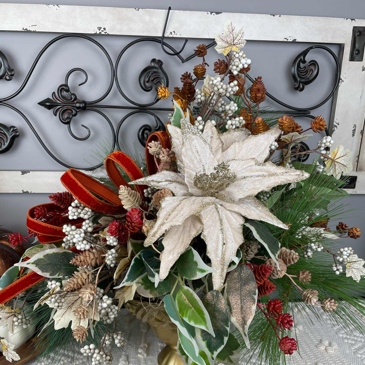 Champagne Poinsettia Christmas Centerpiece in Gold Glass Bowl