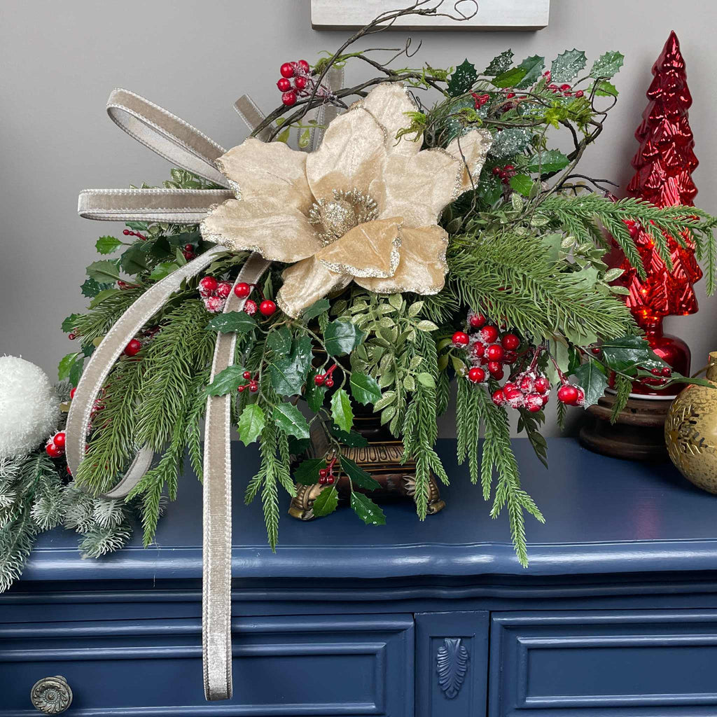 Christmas Centerpiece with Champagne Magnolia & Premium Bow