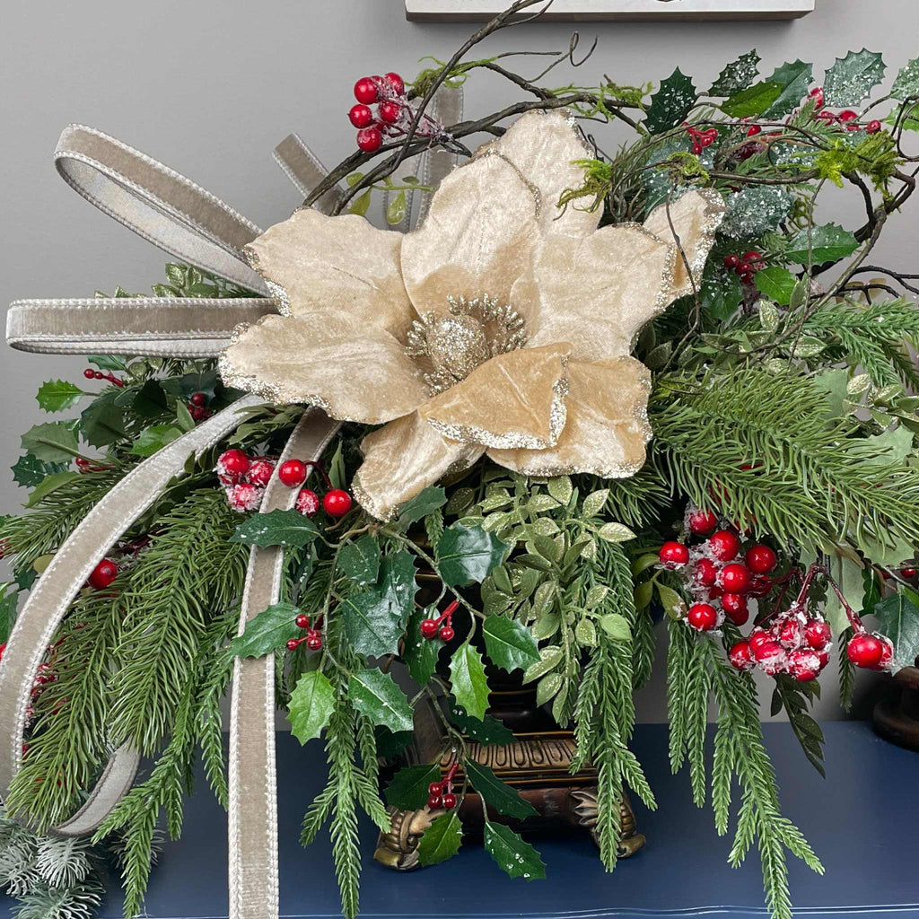Christmas Centerpiece with Champagne Magnolia & Premium Bow