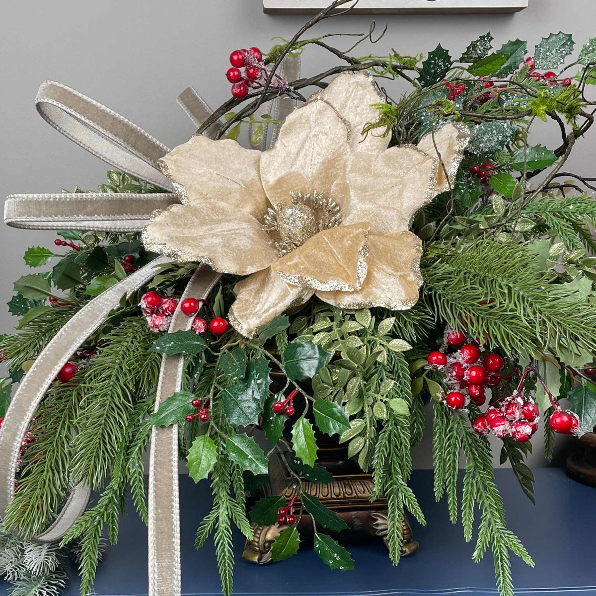Christmas Centerpiece with Champagne Magnolia & Premium Bow