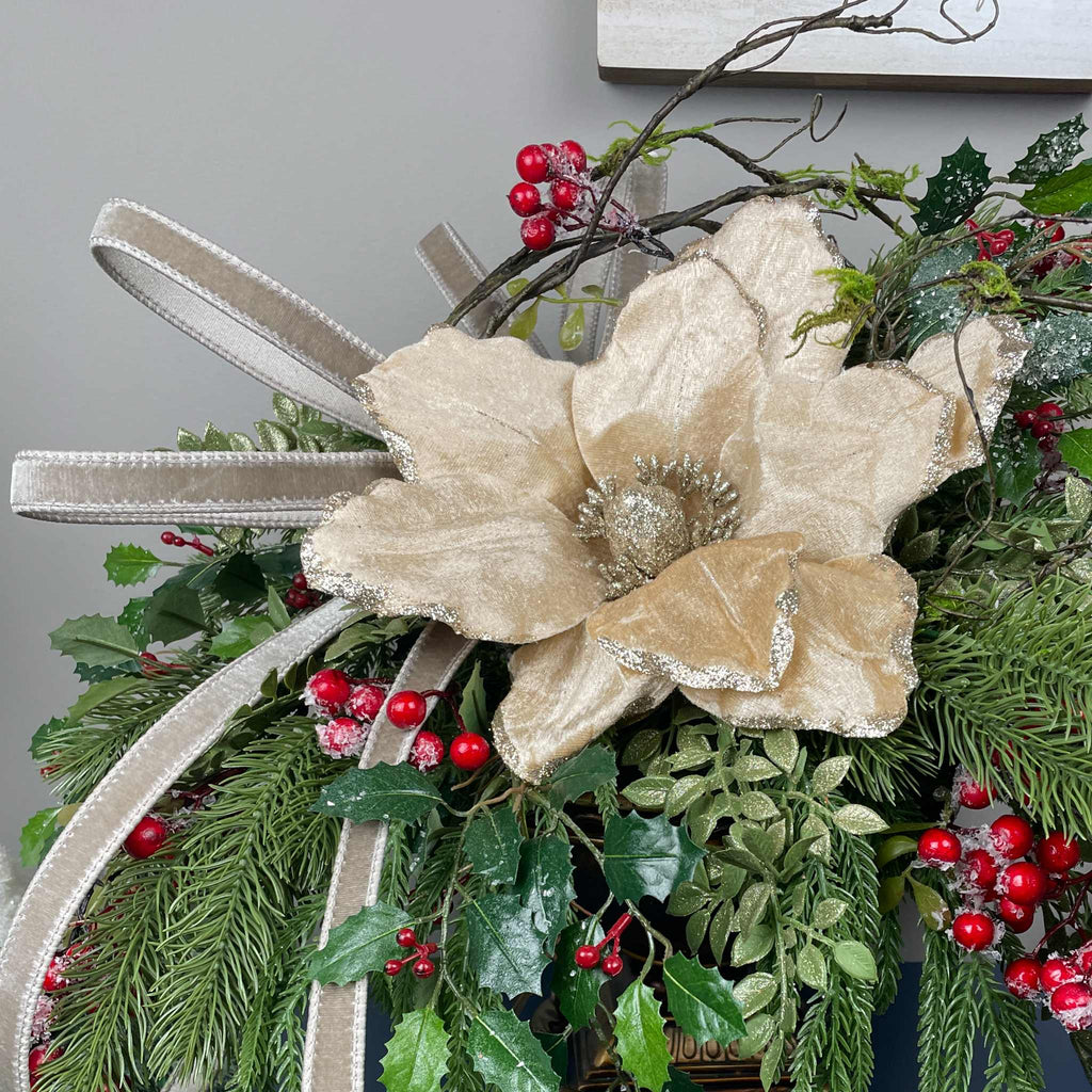 Christmas Centerpiece with Champagne Magnolia & Premium Bow
