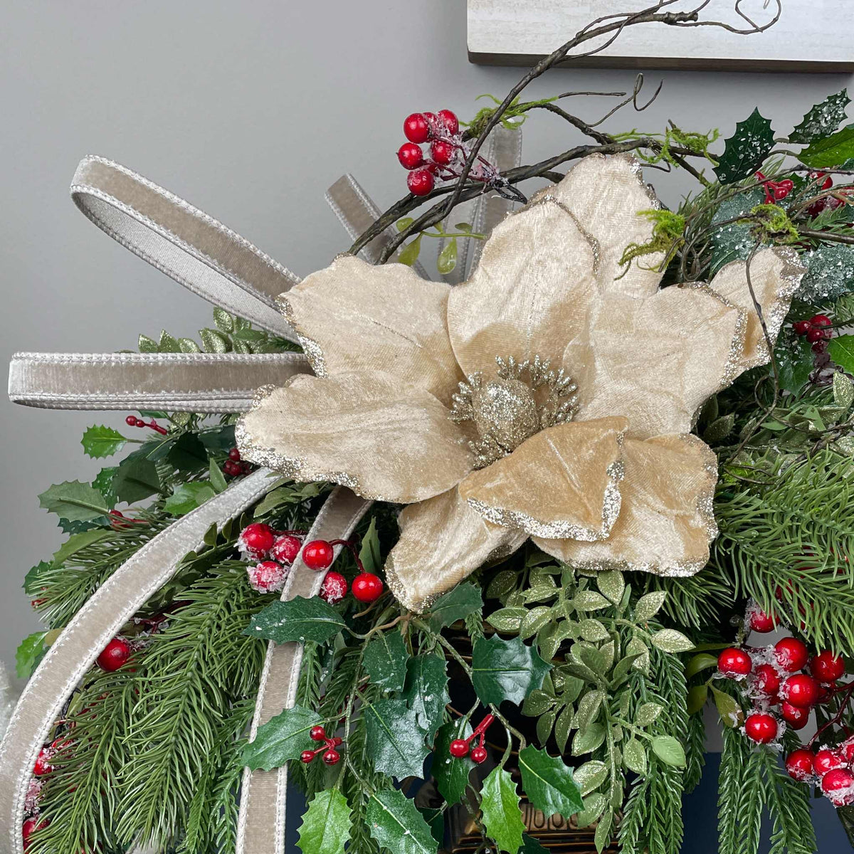 Christmas Centerpiece with Champagne Magnolia & Premium Bow