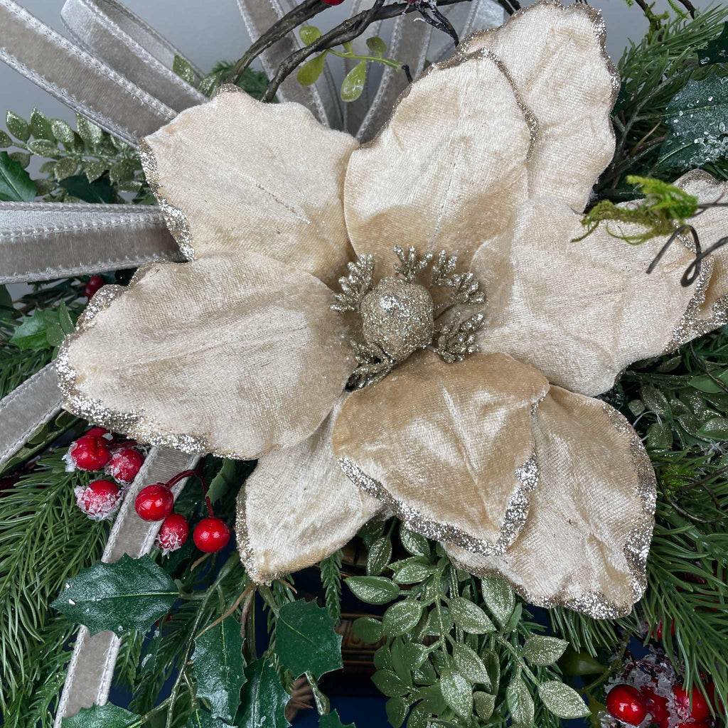 Christmas Centerpiece with Champagne Magnolia & Premium Bow