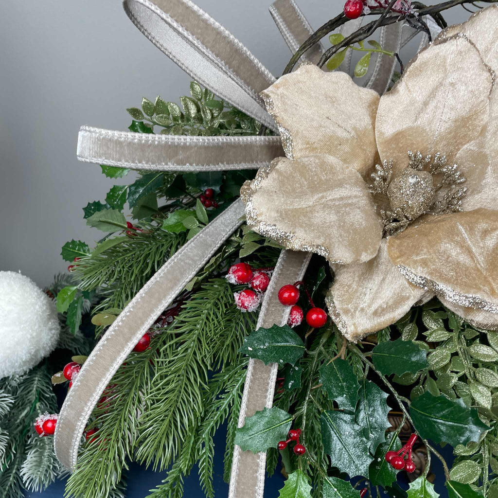 Christmas Centerpiece with Champagne Magnolia & Premium Bow