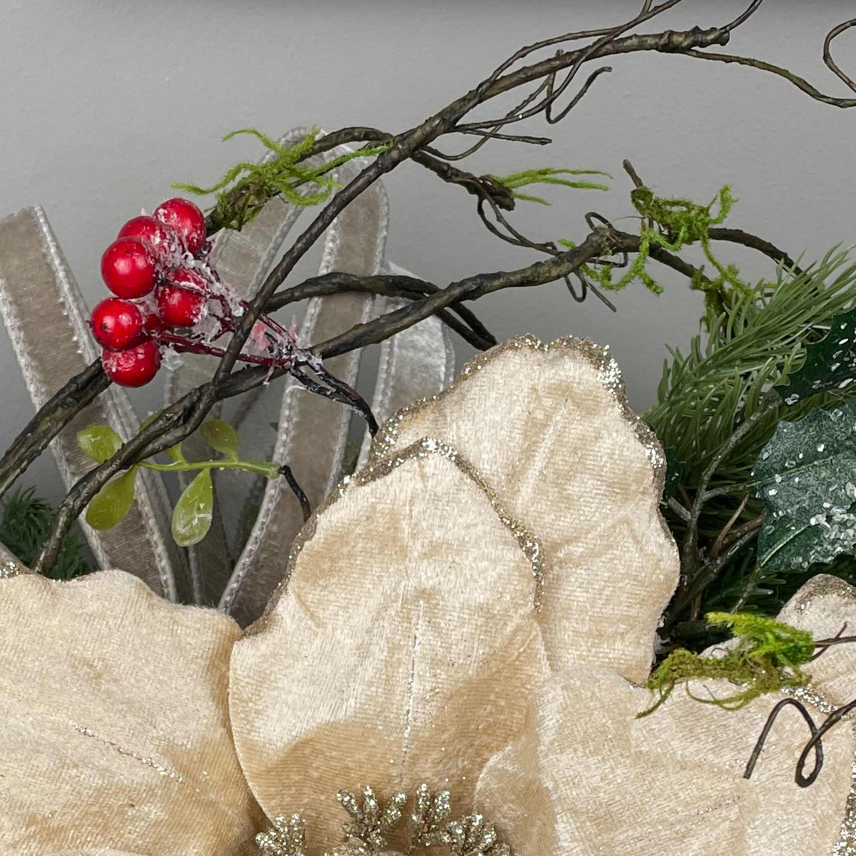 Christmas Centerpiece with Champagne Magnolia & Premium Bow