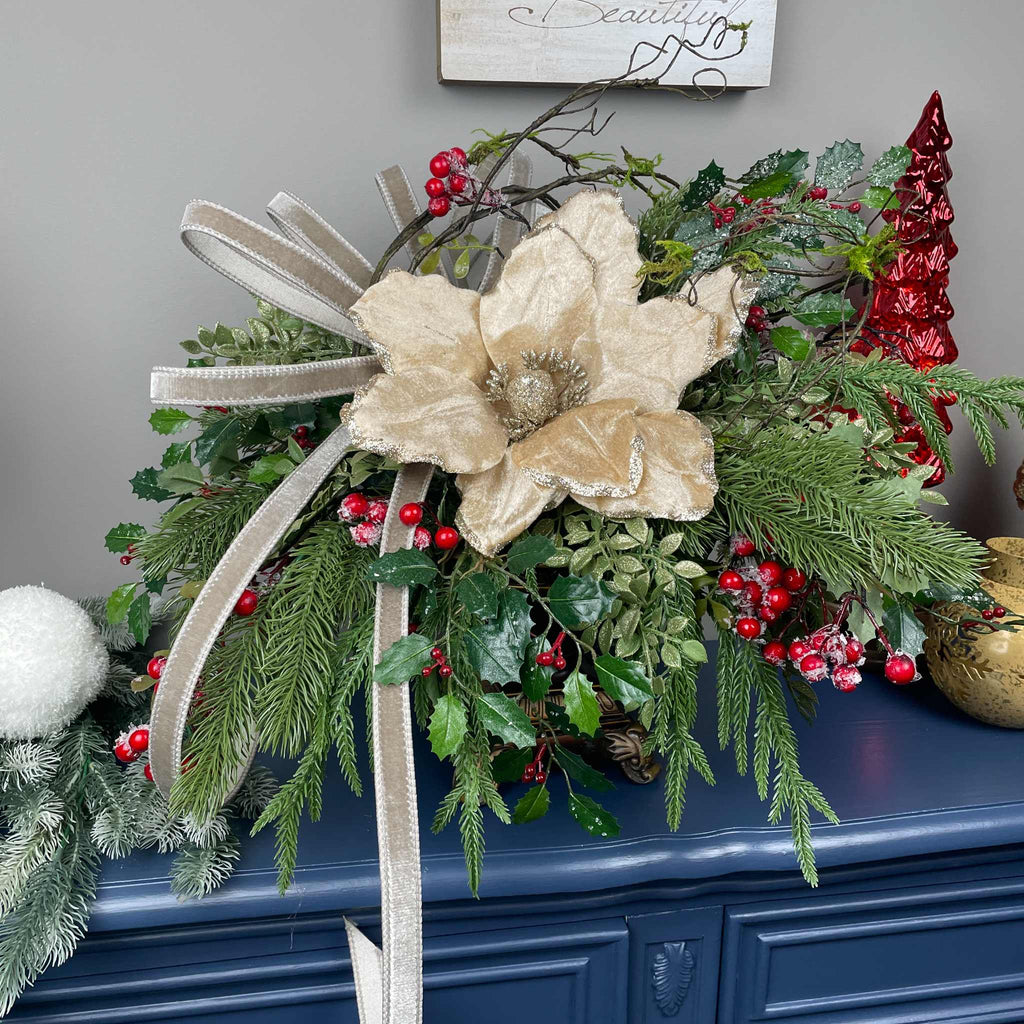 Christmas Centerpiece with Champagne Magnolia & Premium Bow