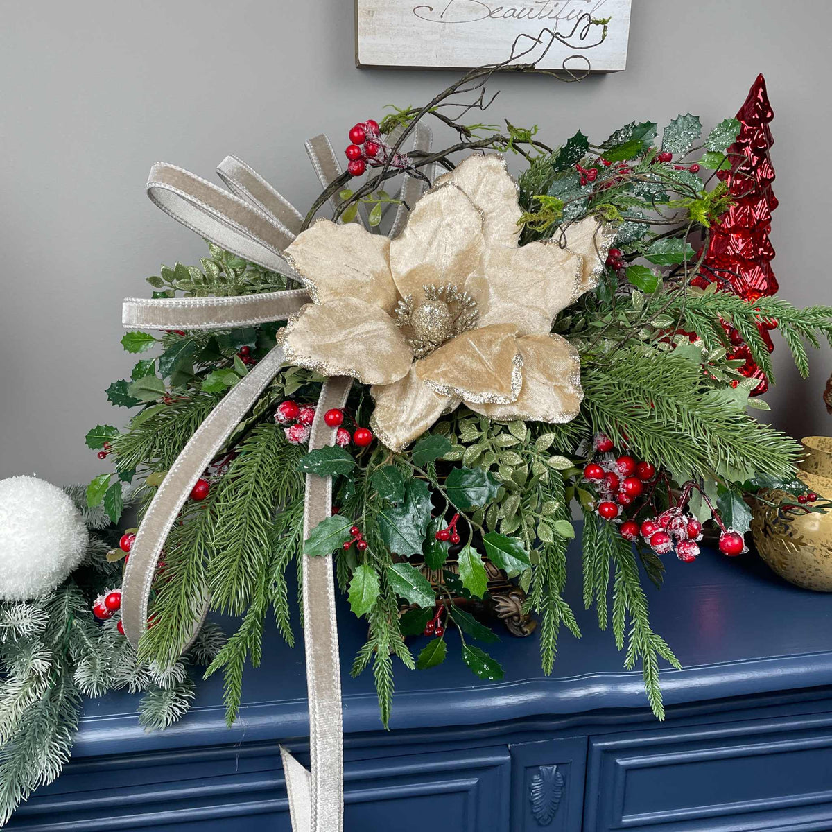 Christmas Centerpiece with Champagne Magnolia & Premium Bow