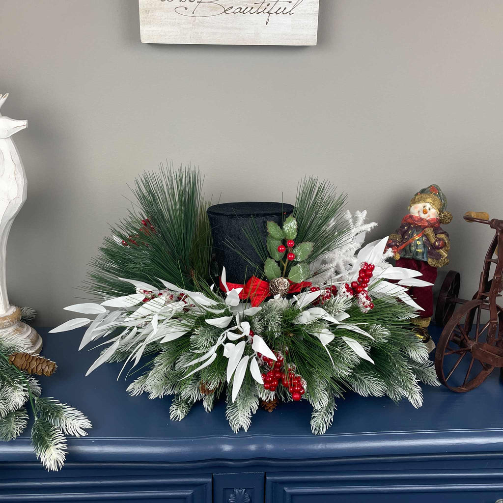 Christmas Top Hat Centerpiece in White Wood Dough Bowl - Winter Holiday