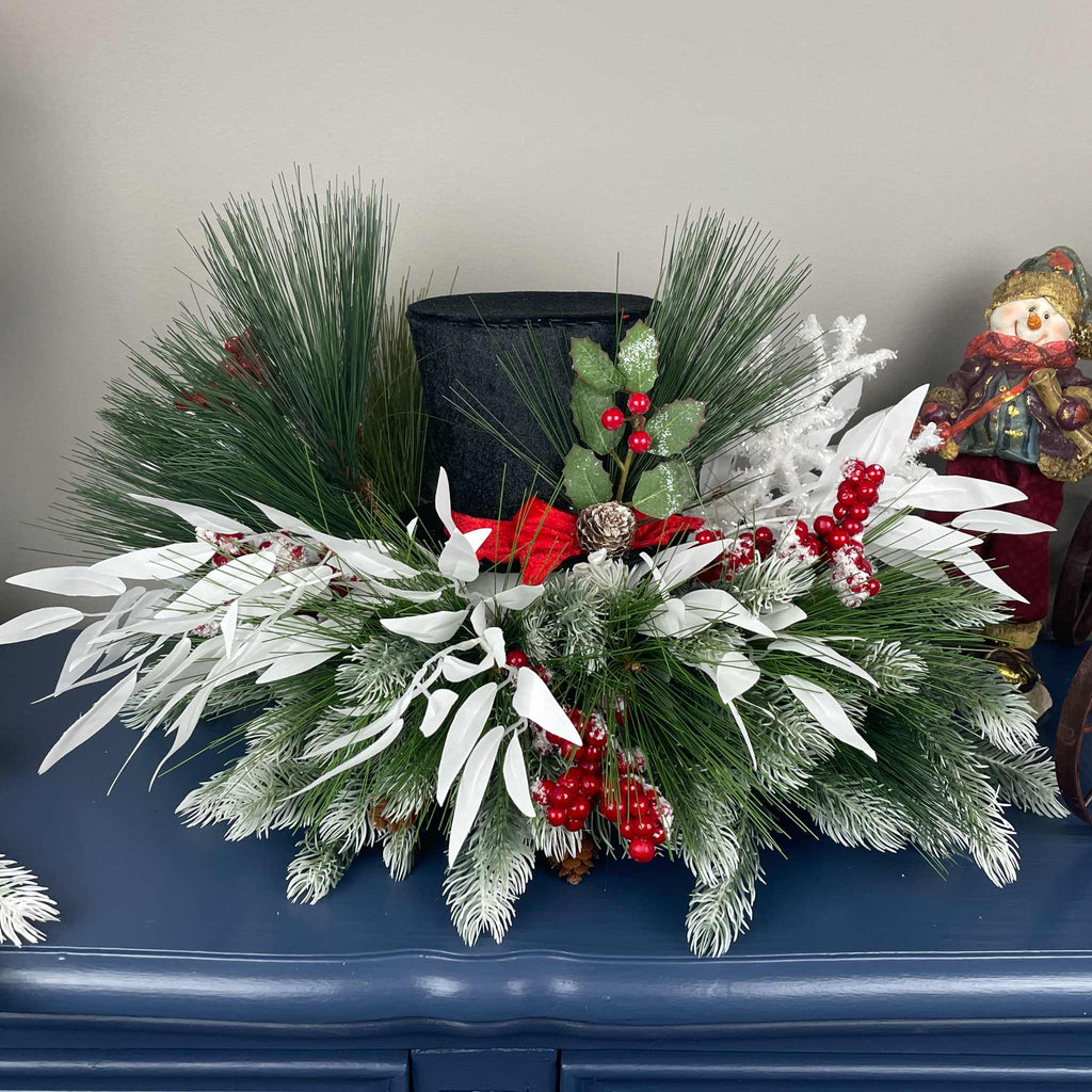 Christmas Top Hat Centerpiece in White Wood Dough Bowl - Winter Holiday