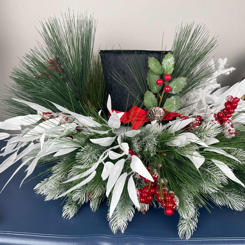 Christmas Top Hat Centerpiece in White Wood Dough Bowl - Winter Holiday