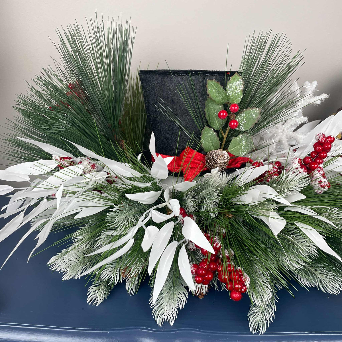 Christmas Top Hat Centerpiece in White Wood Dough Bowl - Winter Holiday
