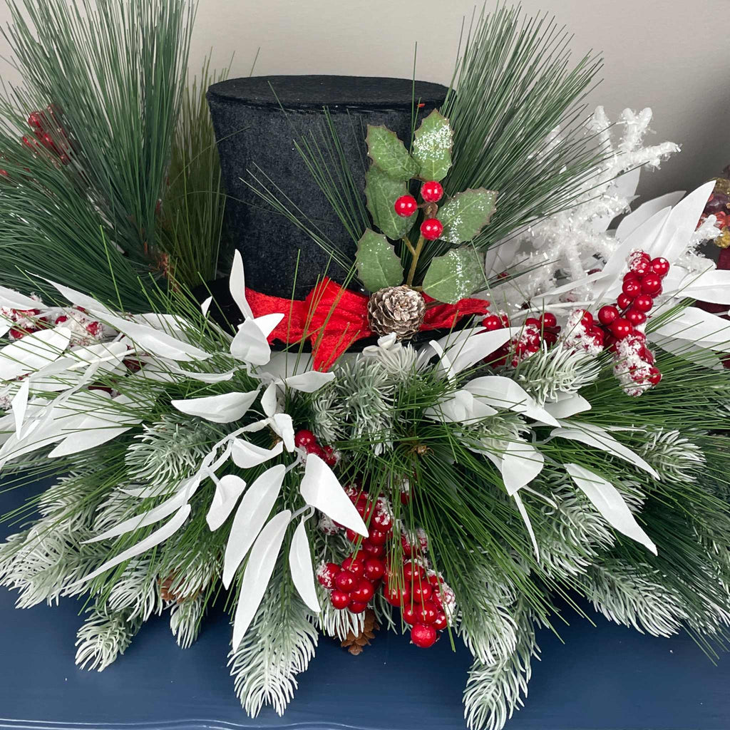 Christmas Top Hat Centerpiece in White Wood Dough Bowl - Winter Holiday