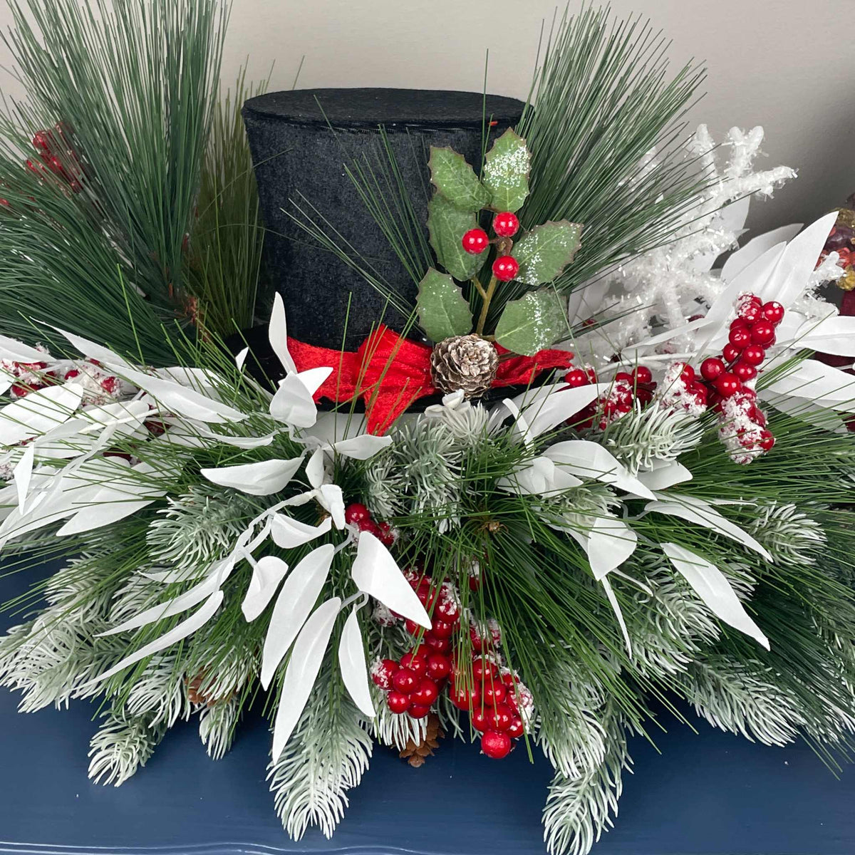 Christmas Top Hat Centerpiece in White Wood Dough Bowl - Winter Holiday