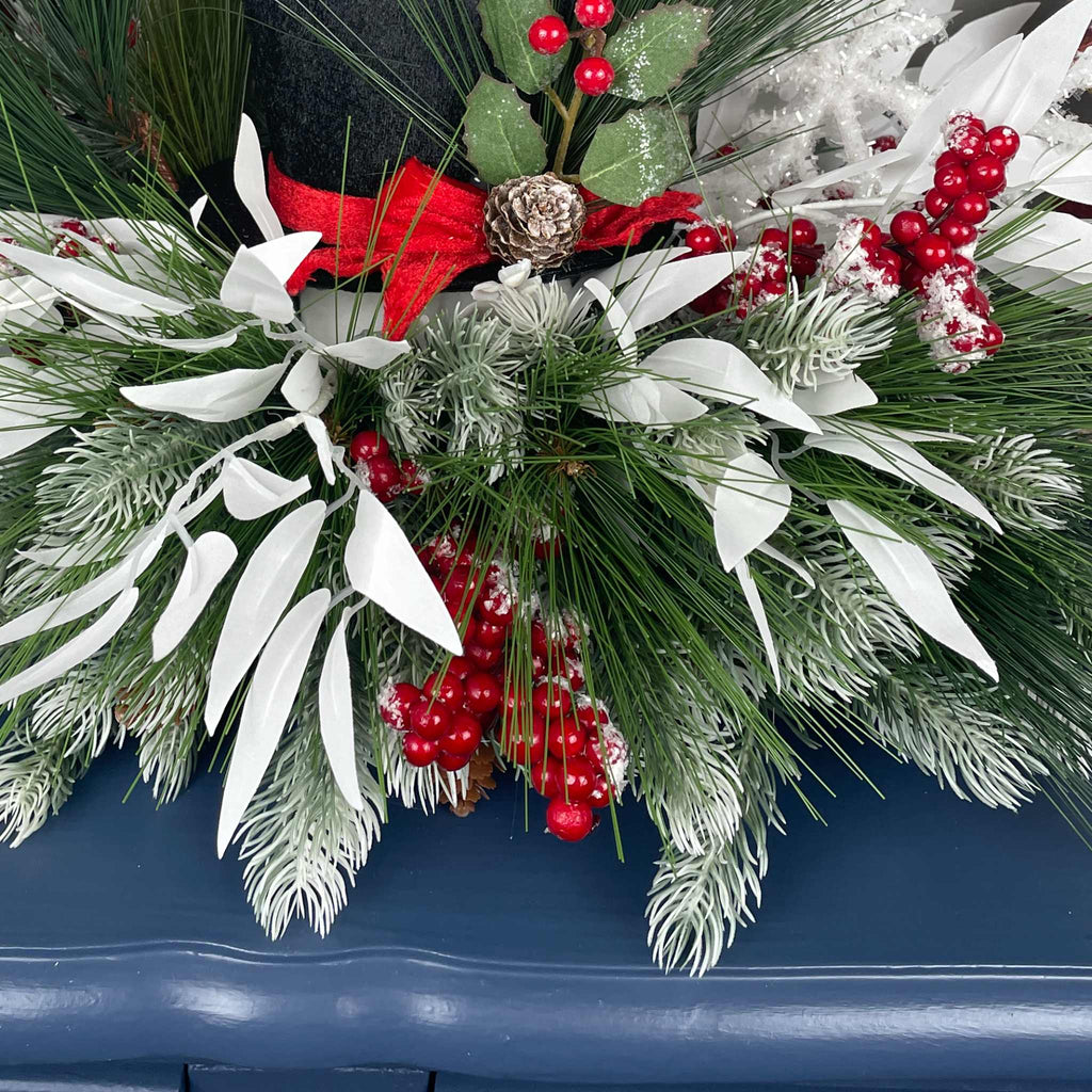 Christmas Top Hat Centerpiece in White Wood Dough Bowl - Winter Holiday