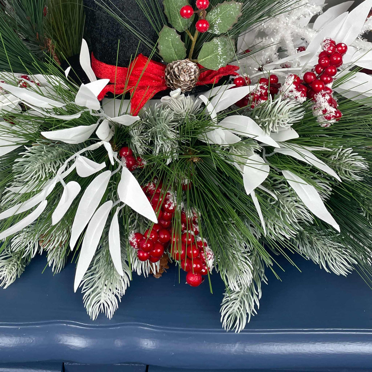 Christmas Top Hat Centerpiece in White Wood Dough Bowl - Winter Holiday