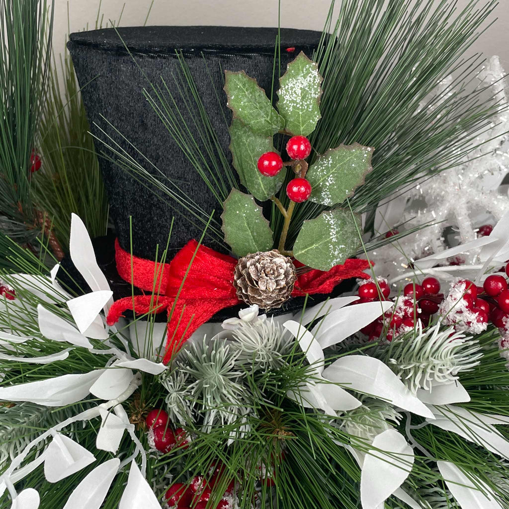 Christmas Top Hat Centerpiece in White Wood Dough Bowl - Winter Holiday
