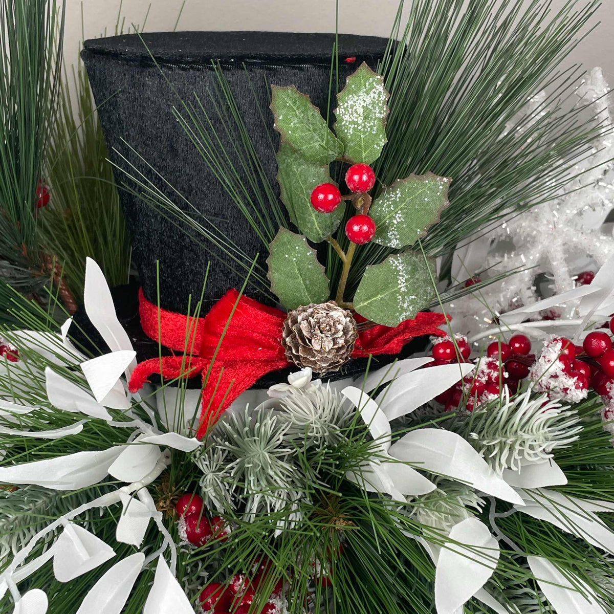 Christmas Top Hat Centerpiece in White Wood Dough Bowl - Winter Holiday