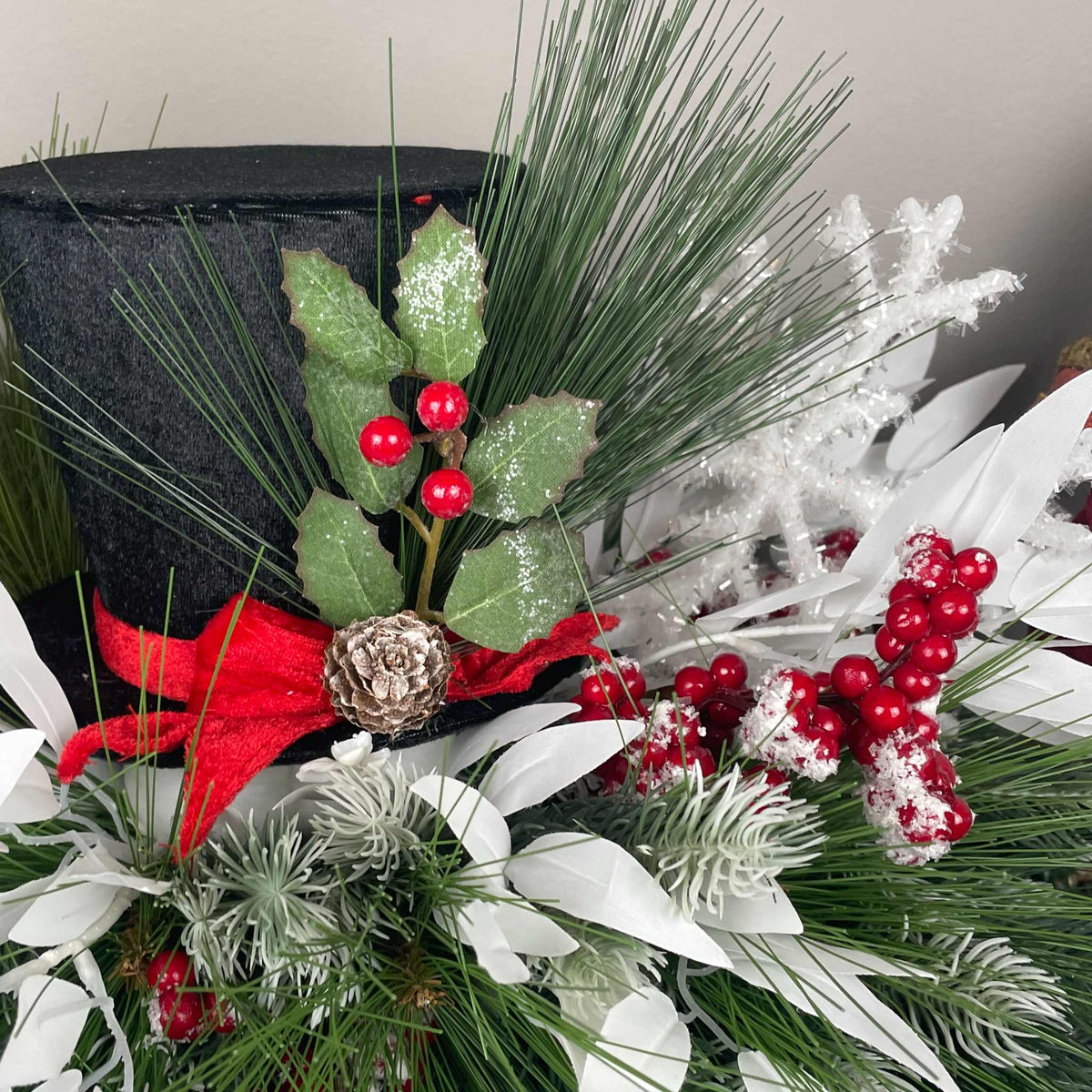 Christmas Top Hat Centerpiece in White Wood Dough Bowl - Winter Holiday