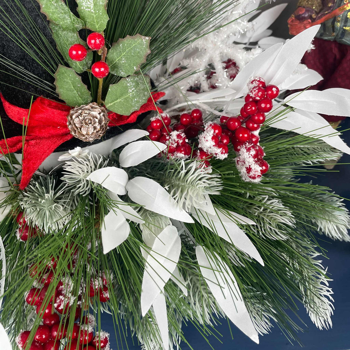 Christmas Top Hat Centerpiece in White Wood Dough Bowl - Winter Holiday