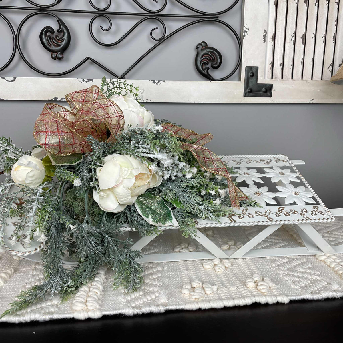 Vintage White Sleigh Centerpiece/Wall Decor with Winter Cream Peonies & Greenery