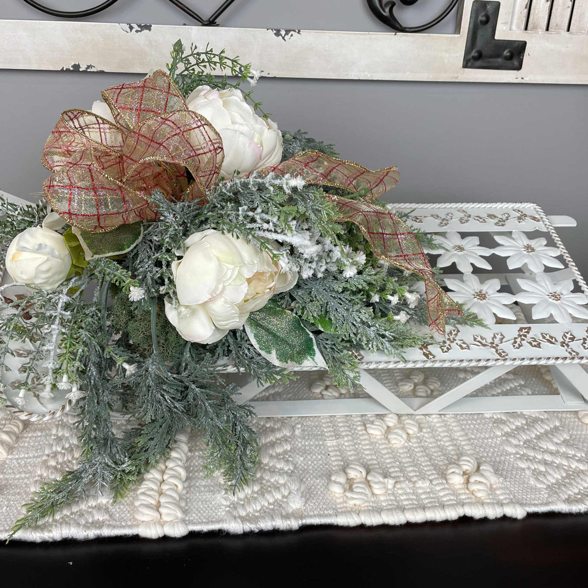 Vintage White Sleigh Centerpiece/Wall Decor with Winter Cream Peonies & Greenery