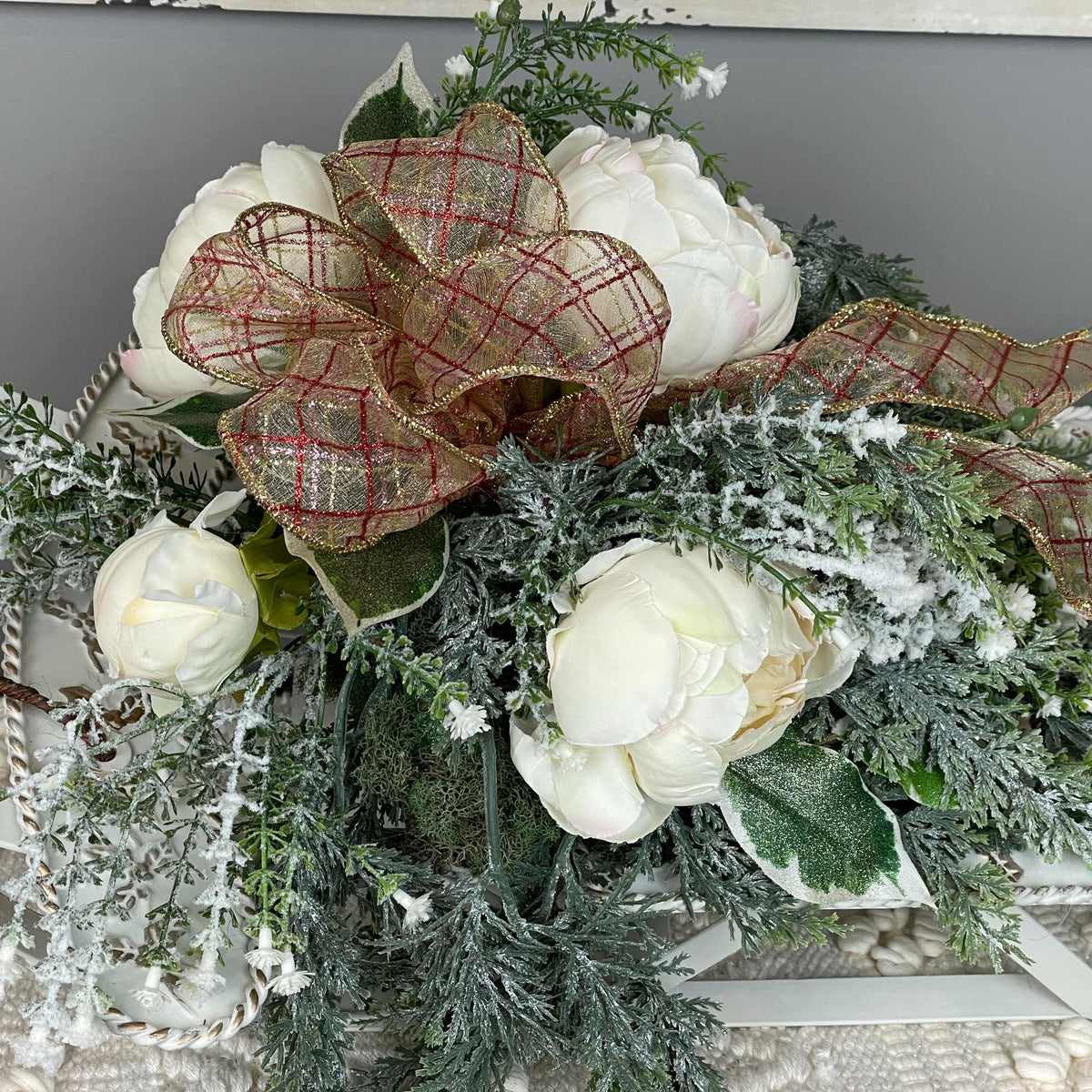 Vintage White Sleigh Centerpiece/Wall Decor with Winter Cream Peonies & Greenery