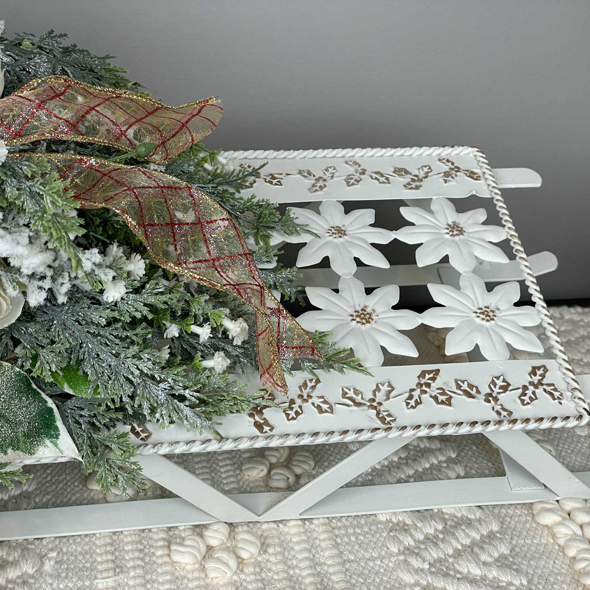 Vintage White Sleigh Centerpiece/Wall Decor with Winter Cream Peonies & Greenery