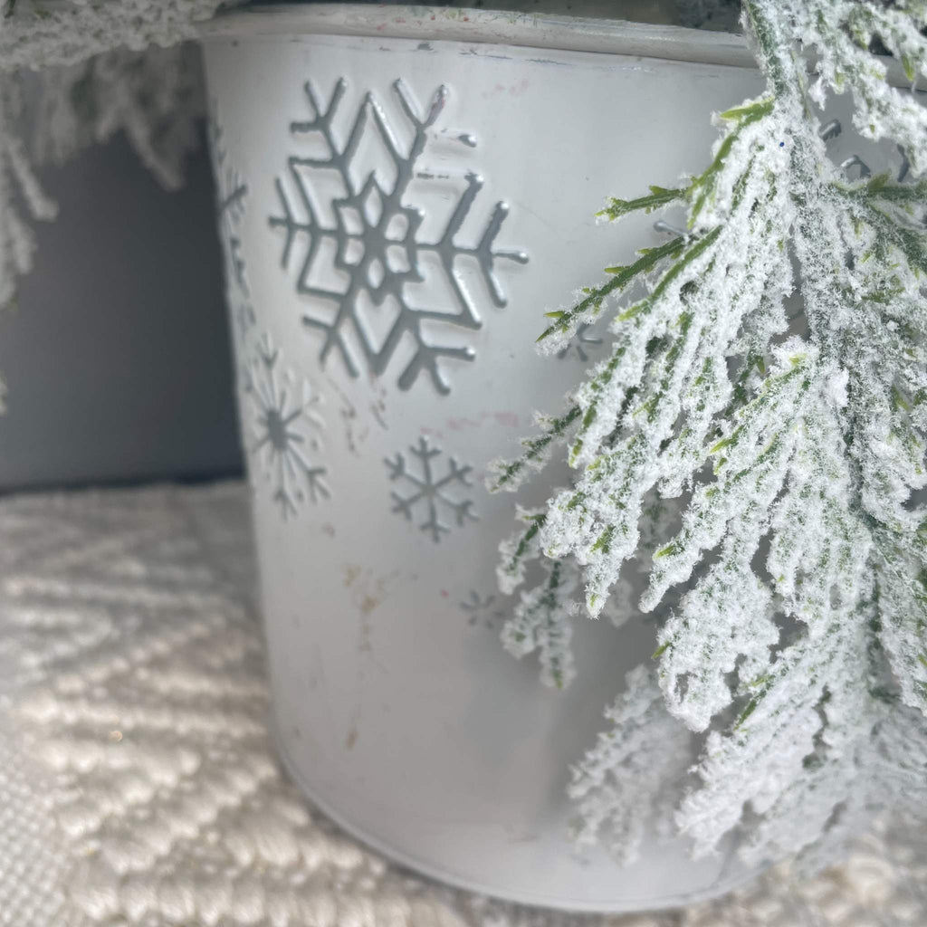 Winter Blue Poinsettia Centerpiece with Snowy Cedar & Snowflake Pail