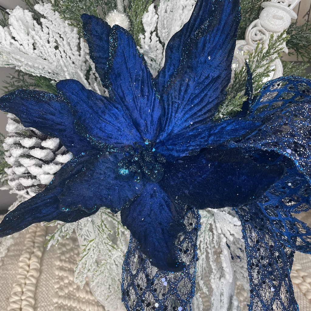 Winter Blue Poinsettia Centerpiece with Snowy Cedar & Snowflake Pail