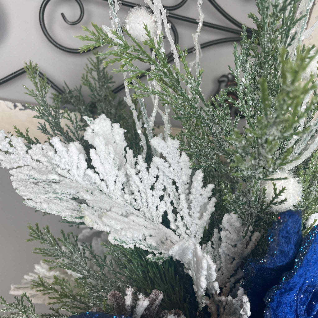 Winter Blue Poinsettia Centerpiece with Snowy Cedar & Snowflake Pail