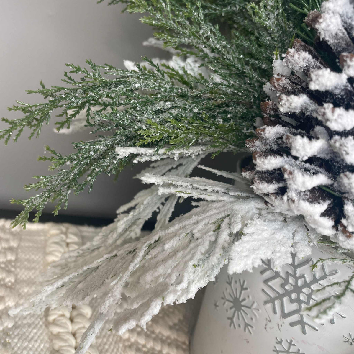 Winter Blue Poinsettia Centerpiece with Snowy Cedar & Snowflake Pail