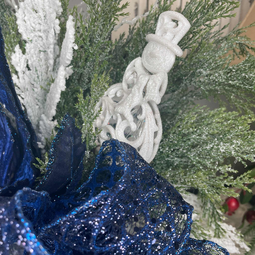 Winter Blue Poinsettia Centerpiece with Snowy Cedar & Snowflake Pail