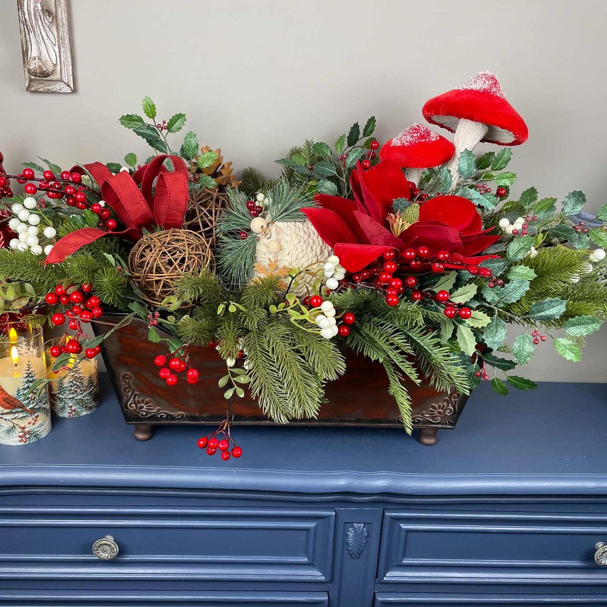 Christmas Holiday Planter Red Magnolia Pine Berries Winter Decor