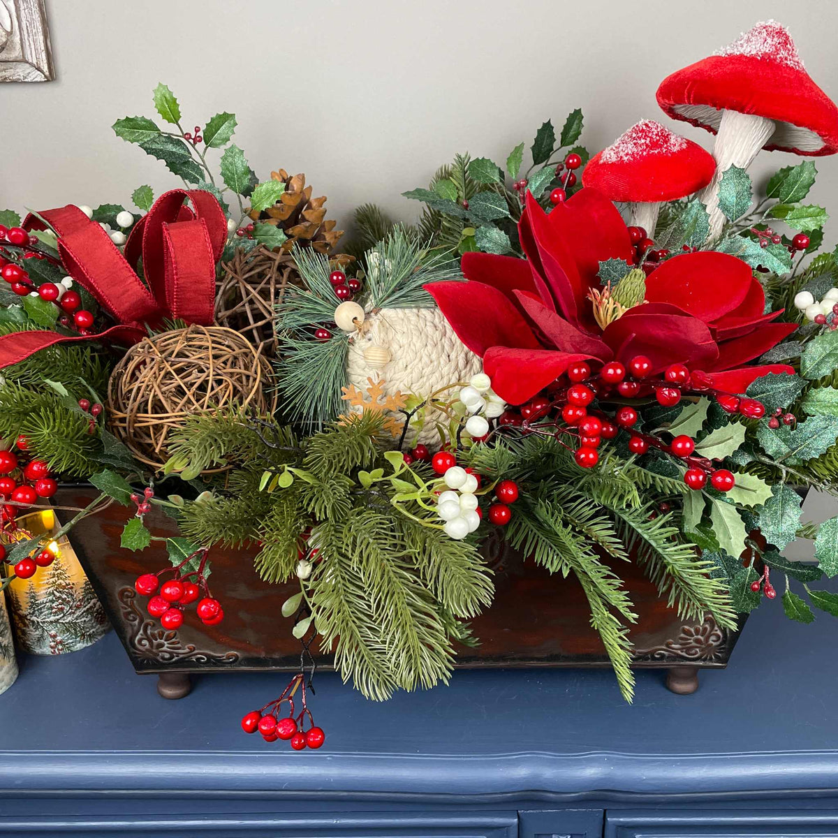 Christmas Holiday Planter Red Magnolia Pine Berries Winter Decor