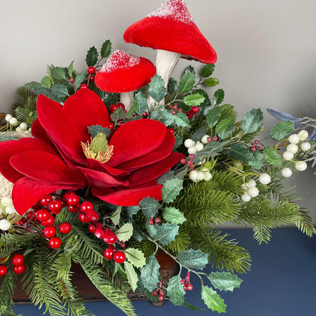 Christmas Holiday Planter Red Magnolia Pine Berries Winter Decor