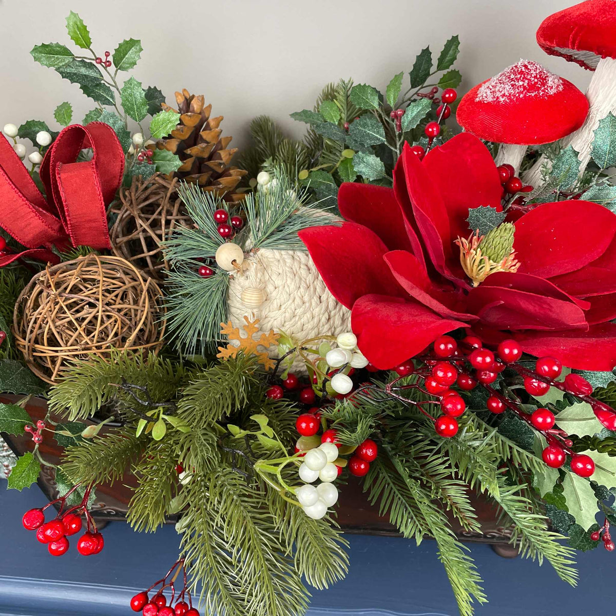 Christmas Holiday Planter Red Magnolia Pine Berries Winter Decor