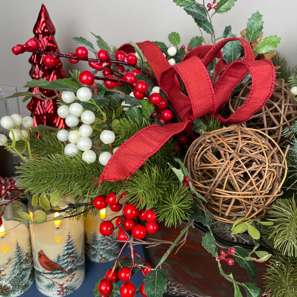 Christmas Holiday Planter Red Magnolia Pine Berries Winter Decor