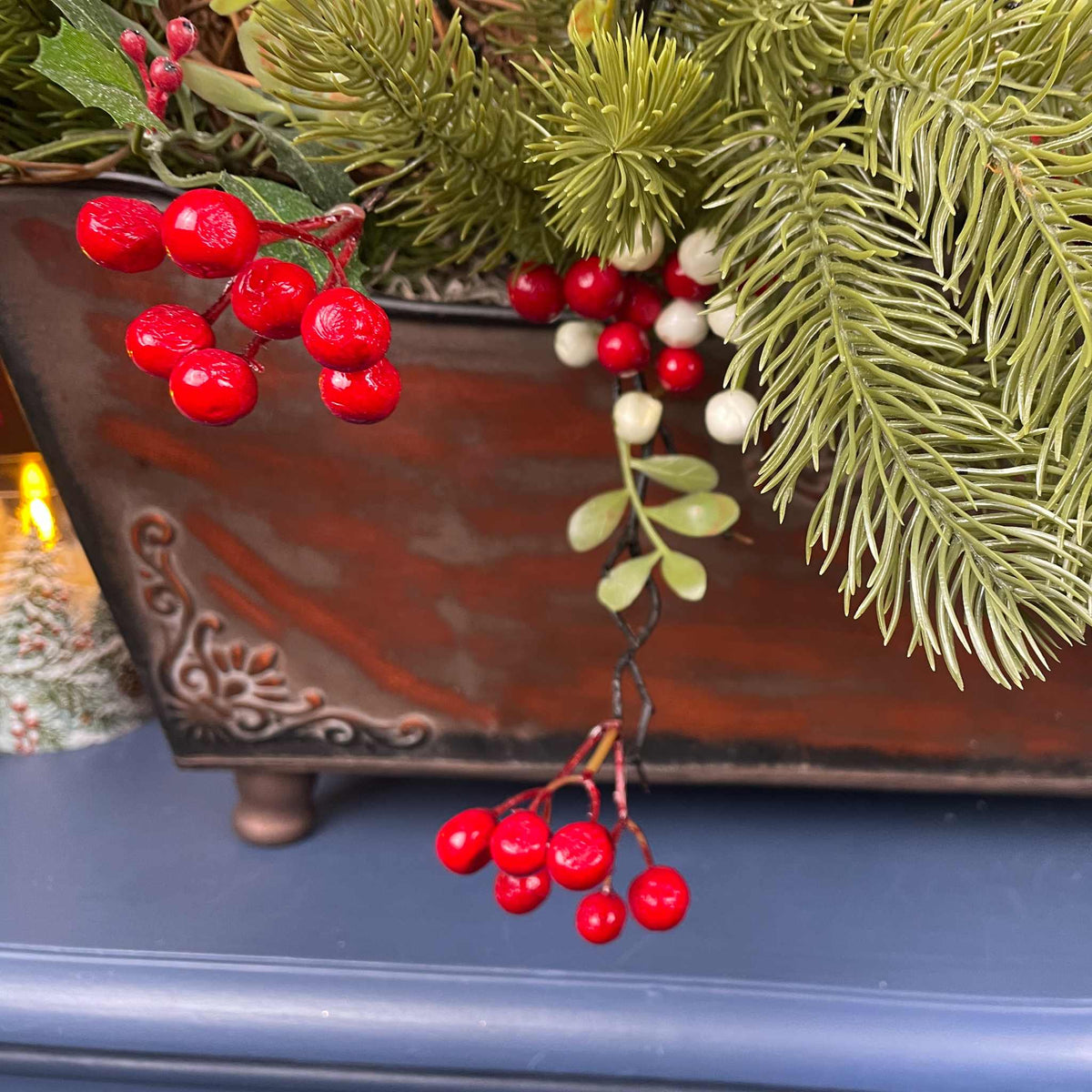 Christmas Holiday Planter Red Magnolia Pine Berries Winter Decor