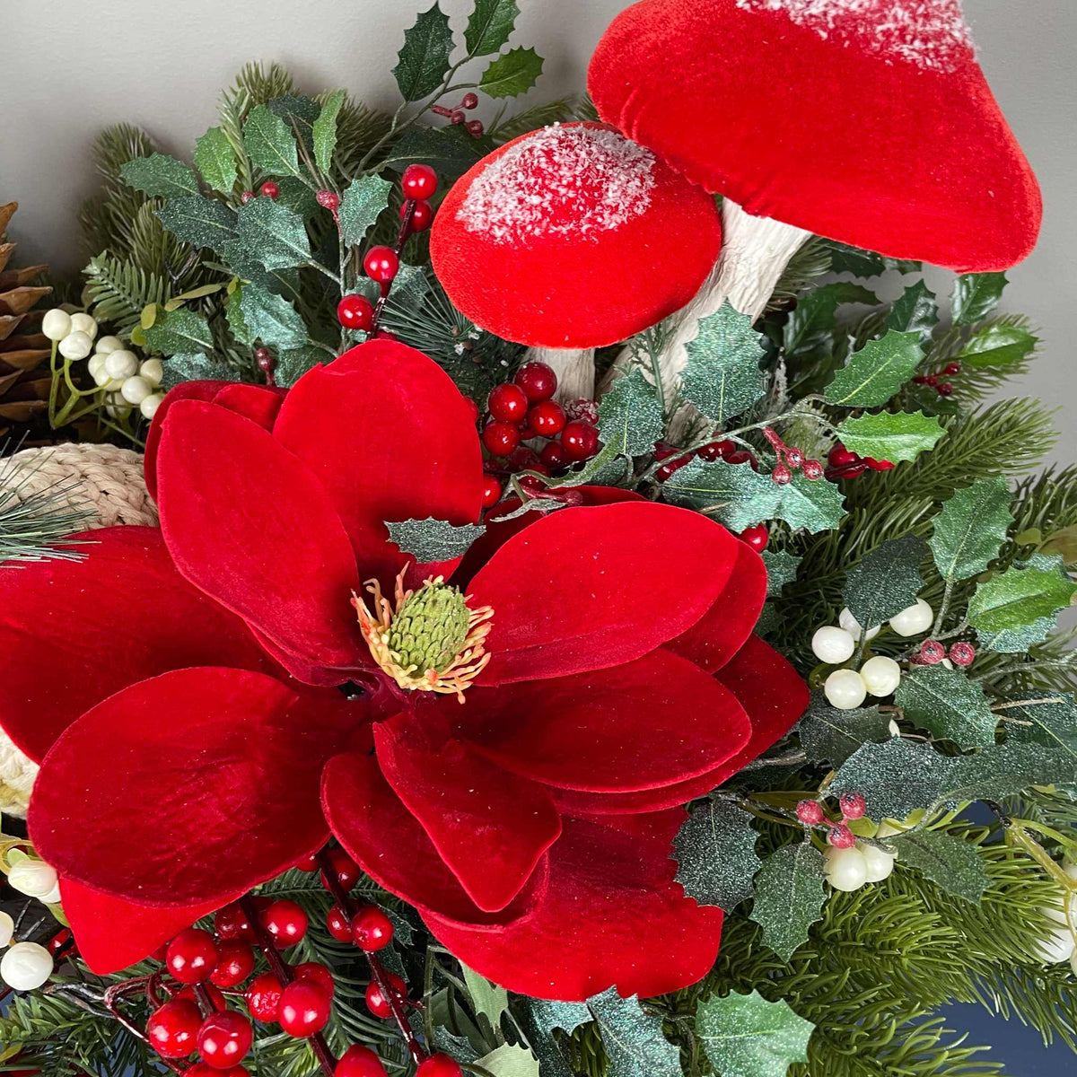 Christmas Holiday Planter Red Magnolia Pine Berries Winter Decor