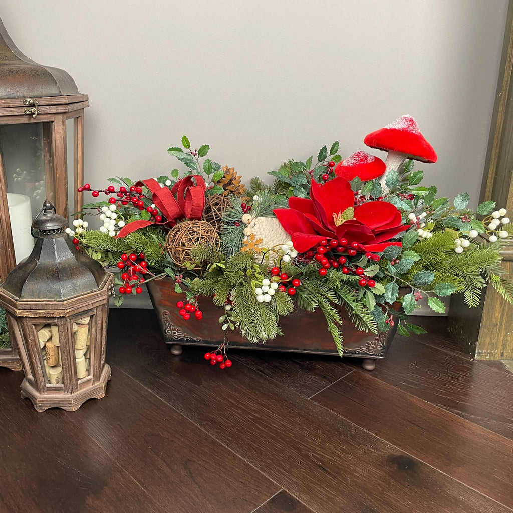 Christmas Holiday Planter Red Magnolia Pine Berries Winter Decor