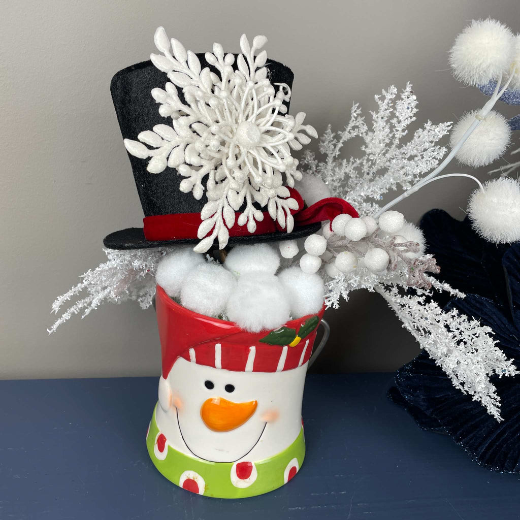 Snowman Christmas Mug Arrangement with Black Top Hat & Snowflake