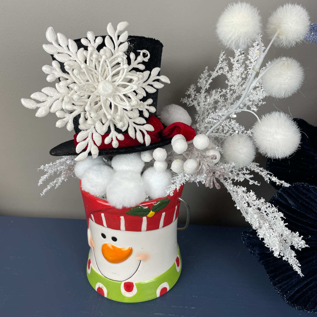 Snowman Christmas Mug Arrangement with Black Top Hat & Snowflake