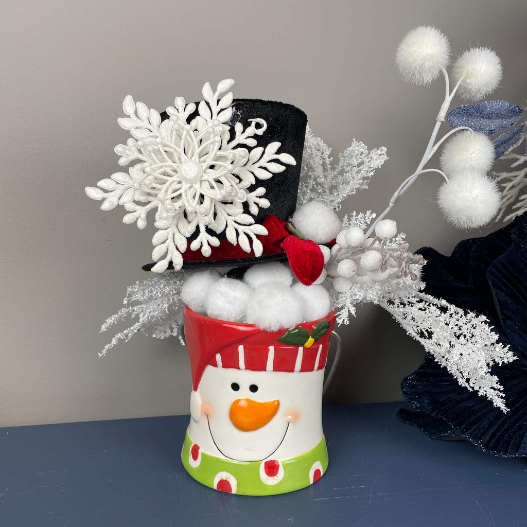 Snowman Christmas Mug Arrangement with Black Top Hat & Snowflake